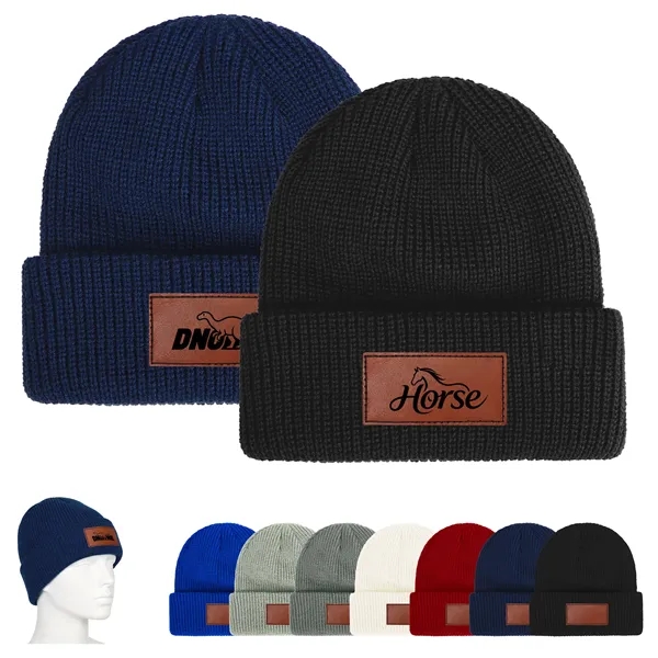 Unisex Acrylic Cuffed Knit Beanie W/ Faux Leather Patch