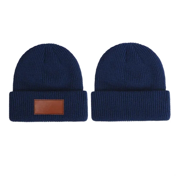 Unisex Acrylic Cuffed Knit Beanie W/ Faux Leather Patch