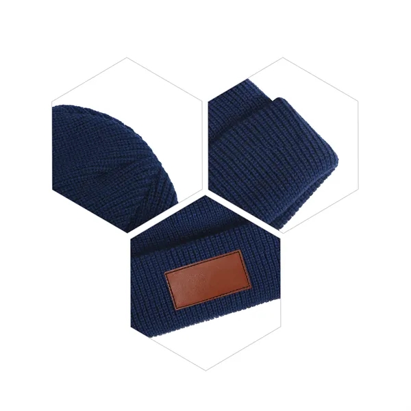 Unisex Acrylic Cuffed Knit Beanie W/ Faux Leather Patch