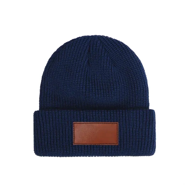 Unisex Acrylic Cuffed Knit Beanie W/ Faux Leather Patch