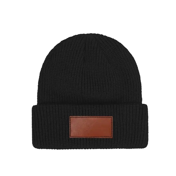 Unisex Acrylic Cuffed Knit Beanie W/ Faux Leather Patch