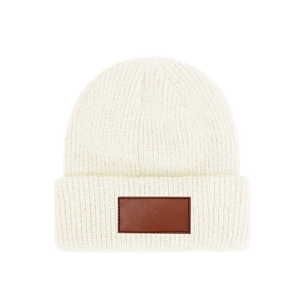 Unisex Acrylic Cuffed Knit Beanie W/ Faux Leather Patch