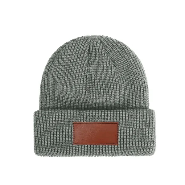 Unisex Acrylic Cuffed Knit Beanie W/ Faux Leather Patch