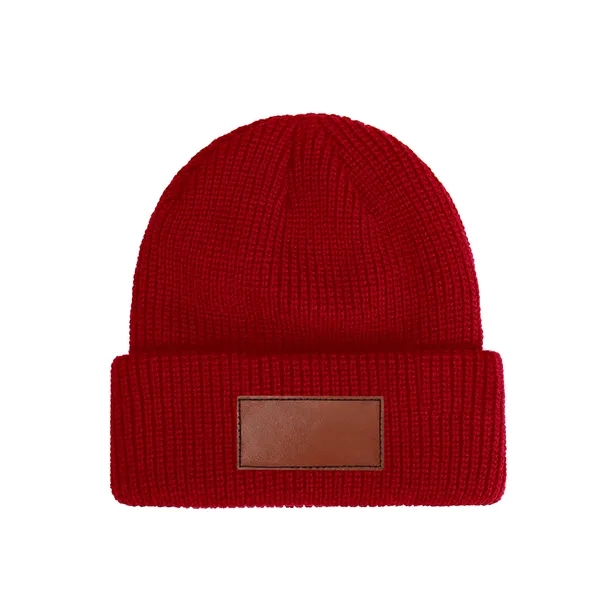 Unisex Acrylic Cuffed Knit Beanie W/ Faux Leather Patch