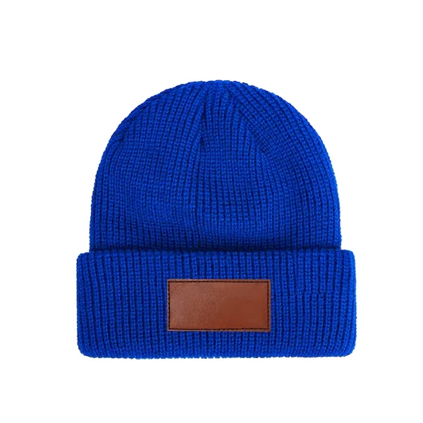 Unisex Acrylic Cuffed Knit Beanie W/ Faux Leather Patch