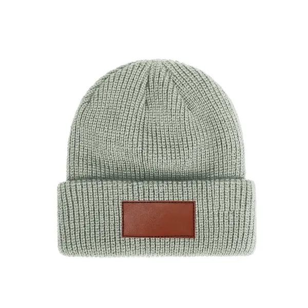 Unisex Acrylic Cuffed Knit Beanie W/ Faux Leather Patch