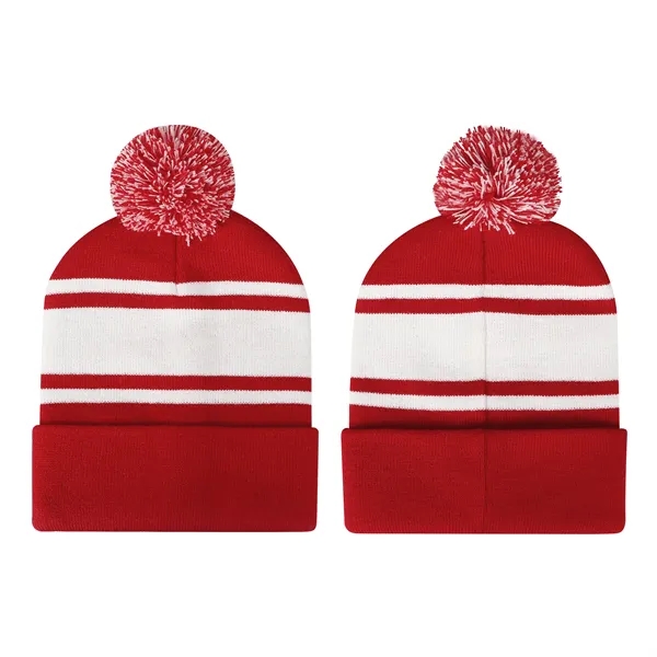 Two Tone Knit Pom Beanie Hat With Cuff