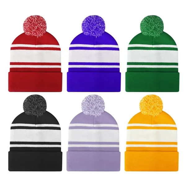Two Tone Knit Pom Beanie Hat With Cuff