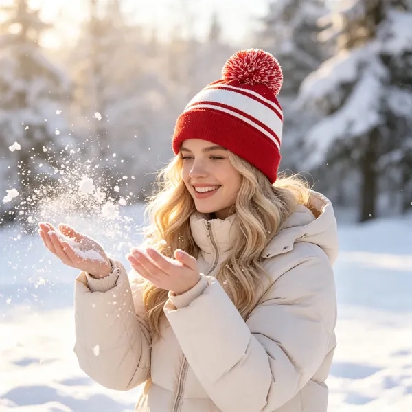 Two Tone Knit Pom Beanie Hat With Cuff