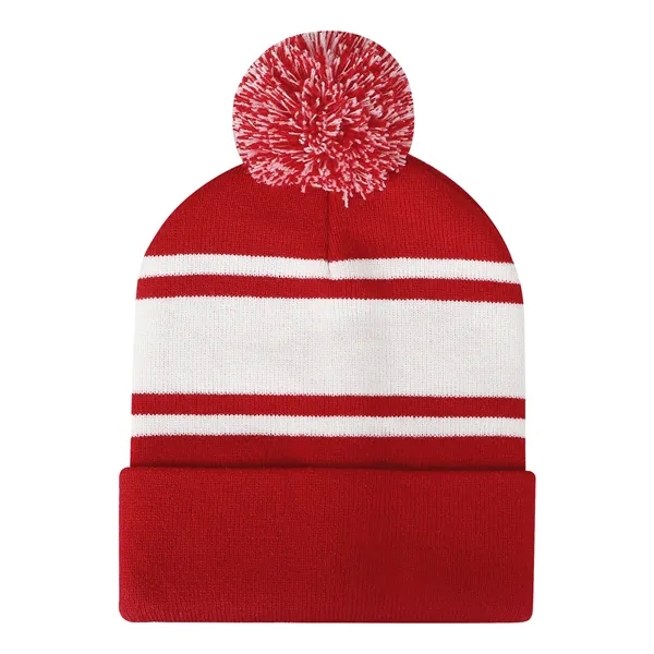 Two Tone Knit Pom Beanie Hat With Cuff