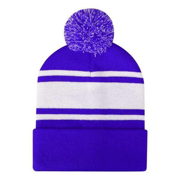 Two Tone Knit Pom Beanie Hat With Cuff
