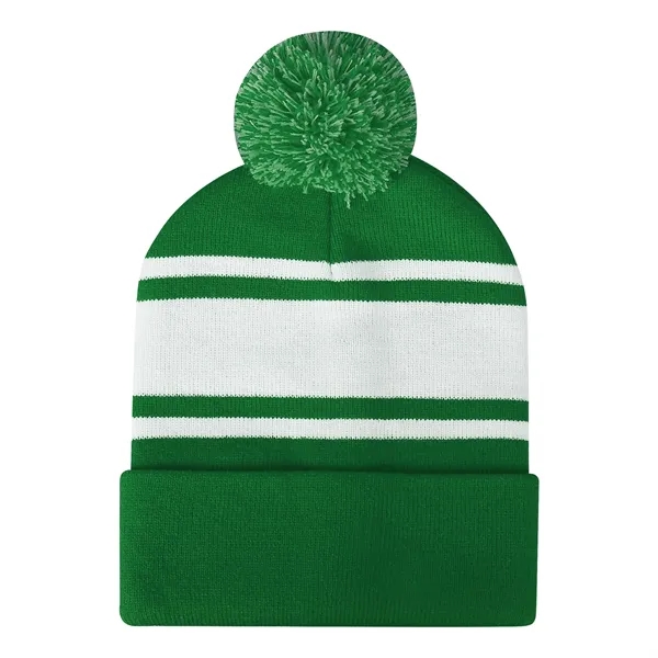 Two Tone Knit Pom Beanie Hat With Cuff