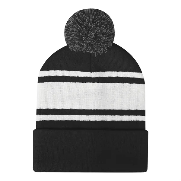 Two Tone Knit Pom Beanie Hat With Cuff