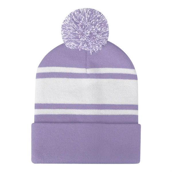 Two Tone Knit Pom Beanie Hat With Cuff