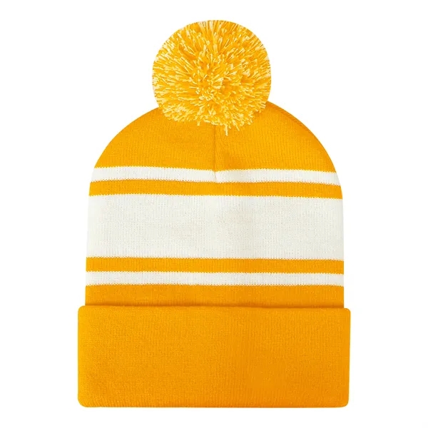 Two Tone Knit Pom Beanie Hat With Cuff