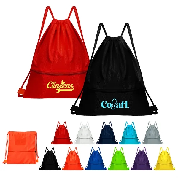 Polyester Sports Drawstring Backpack W/ Zipper Pocket