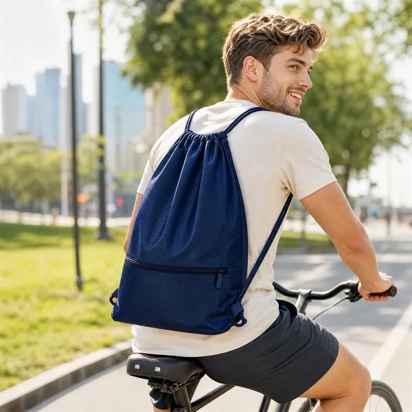 Polyester Sports Drawstring Backpack W/ Zipper Pocket
