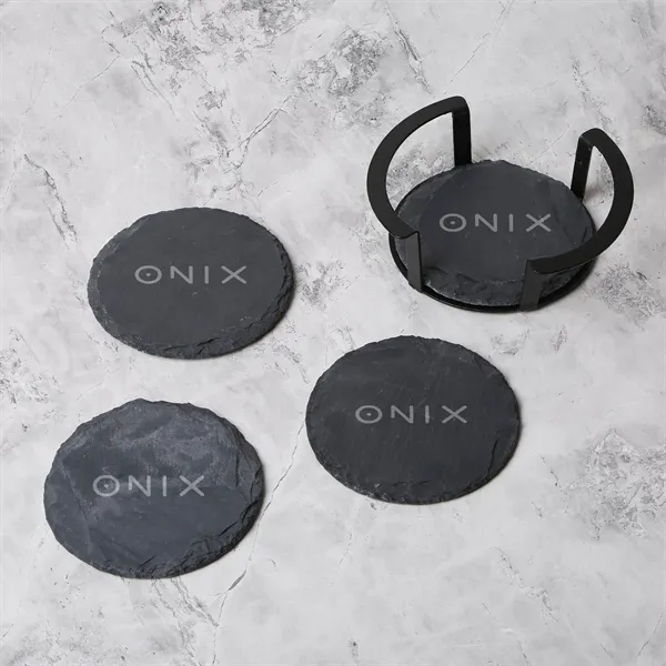 4 Pc. Round Slate Coaster Set with Black Metal Stand