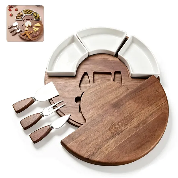 Round Acacia Cheese Board Charcuterie Set W/ Tools & Bowls