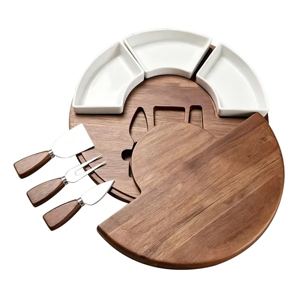 Round Acacia Cheese Board Charcuterie Set W/ Tools & Bowls