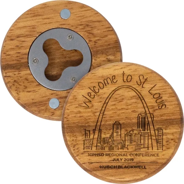 Wood Bottle Opener - Round With Metal Jaw On Back