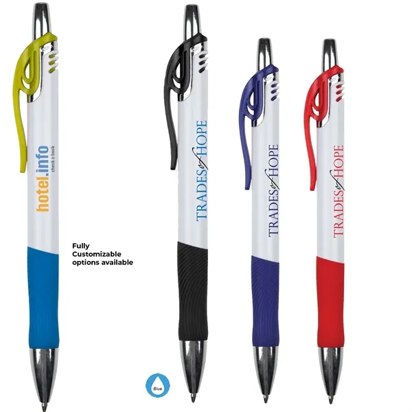 White Pen With Colored Gripper and Blue Ink