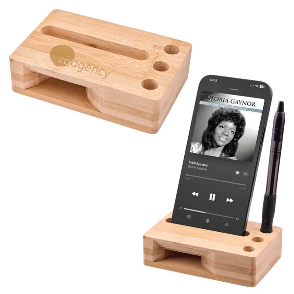 Bamboo Megaphone Phone Holder Stand with Pen Slots