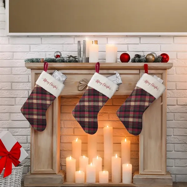 19" Plaid Christmas Stocking with White Trim