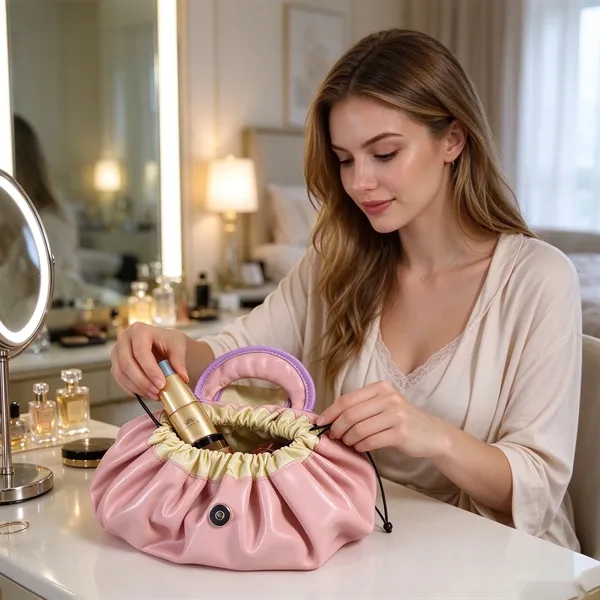Travel Lay Flat Drawstring Makeup Bag W/ Handle