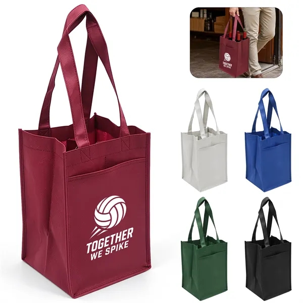 Non Woven 4 Bottle Wine Bag W/ Dividers & Pocket