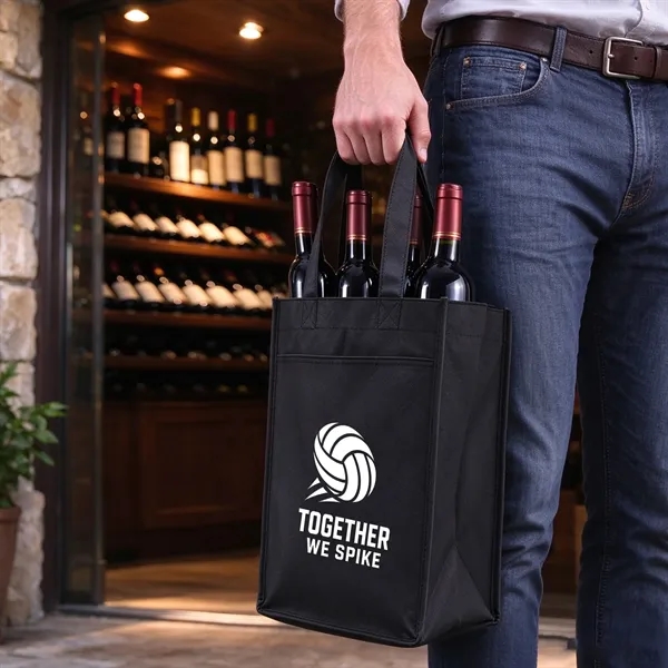Non Woven 4 Bottle Wine Bag W/ Dividers & Pocket