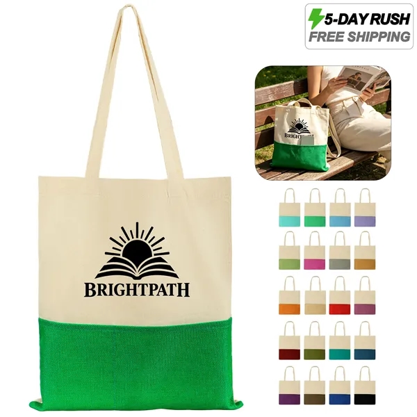 5 Day Rush Two Tone Canvas Burlap Grocery Tote Bag W/ Pocket