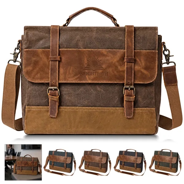 Vintage Waxed Canvas Leather Laptop Messenger Bag Briefcase