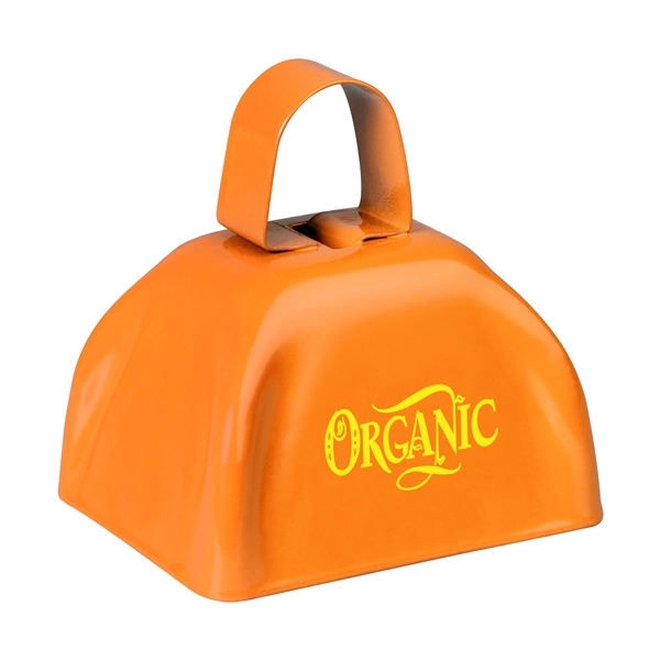 Small bright orange cowbell with handle for sporting events