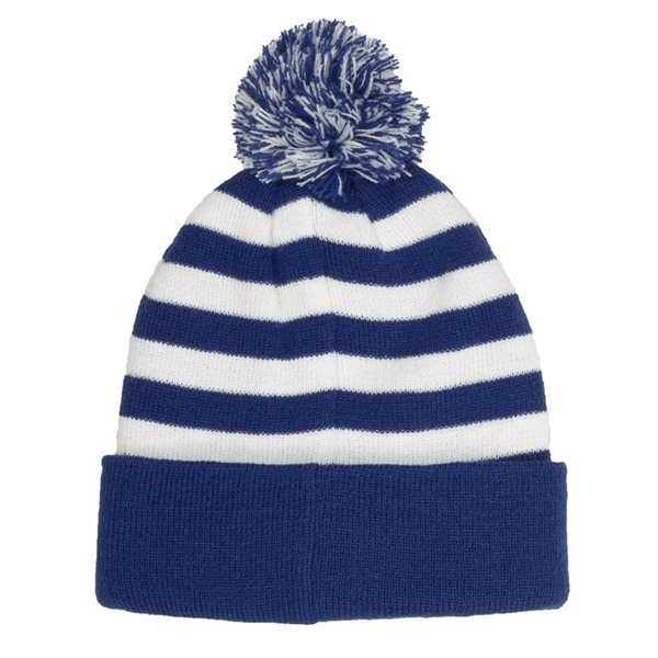 Knit Beanie PomPom w/ Two Tone Stripe - Knit Beanie PomPom w/ Two Tone Stripe - Image 2 of 3