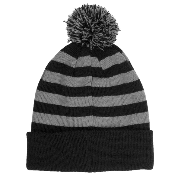 Knit Beanie PomPom w/ Two Tone Stripe - Knit Beanie PomPom w/ Two Tone Stripe - Image 1 of 3