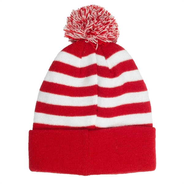 Knit Beanie PomPom w/ Two Tone Stripe - Knit Beanie PomPom w/ Two Tone Stripe - Image 3 of 3