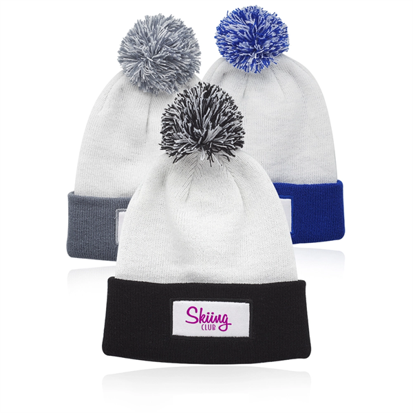 Fuji Two-Tone Patch Pompom Beanies - Fuji Two-Tone Patch Pompom Beanies - Image 0 of 7