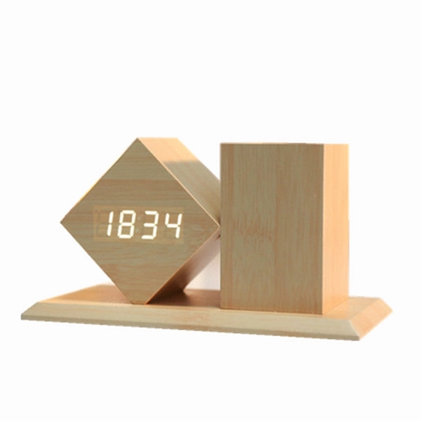 Wooden Pen Holder With Alarm Clock - Wooden Pen Holder With Alarm Clock - Image 1 of 4