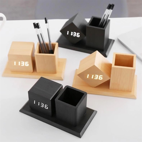 Wooden Pen Holder With Alarm Clock - Wooden Pen Holder With Alarm Clock - Image 2 of 4