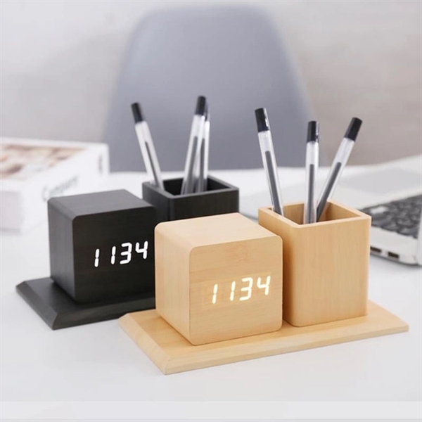 Wooden Pen Holder With Alarm Clock - Wooden Pen Holder With Alarm Clock - Image 0 of 4