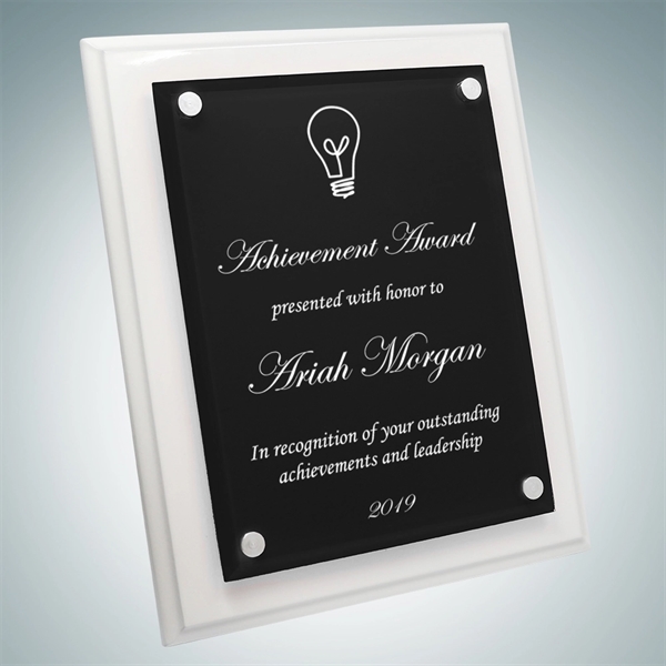 Floating Black Acrylic Plate on Gloss White Wood Plaque
