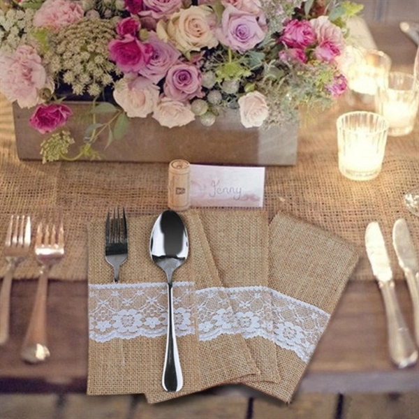 Burlap Lace Cutlery Utensil Holders - Burlap Lace Cutlery Utensil Holders - Image 1 of 2