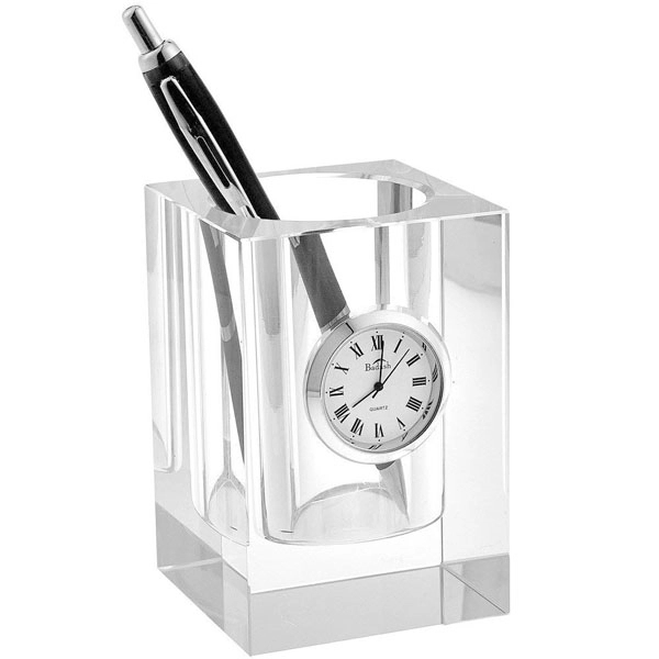 Square Crystal Glass Pen Holder with Clock - Square Crystal Glass Pen Holder with Clock - Image 0 of 1