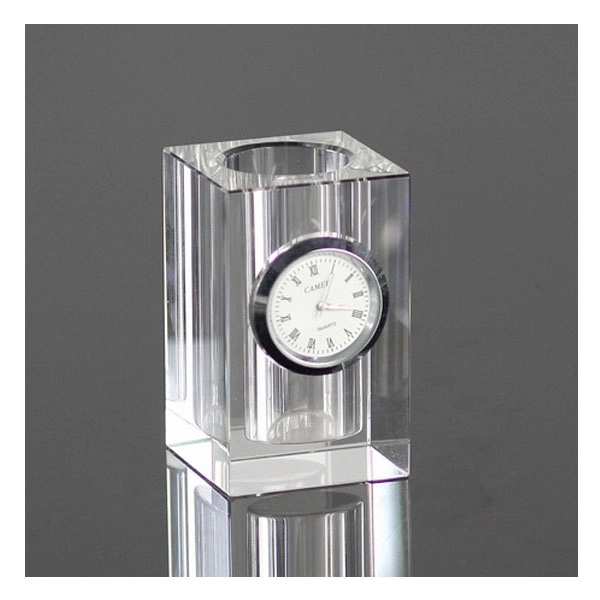 Square Crystal Glass Pen Holder with Clock - Square Crystal Glass Pen Holder with Clock - Image 1 of 1