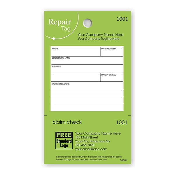 Repair Tag In Green W/White Fill-In Space 3.125 X 5.5 - Repair Tag In Green W/White Fill-In Space 3.125 X 5.5 - Image 0 of 1