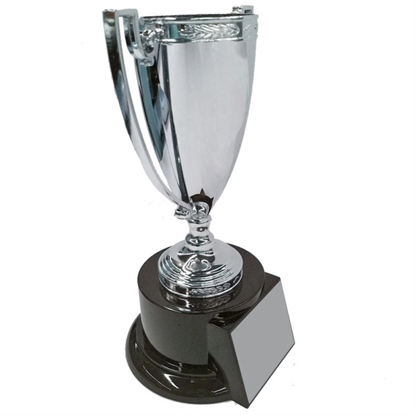 Die Cast Metal Silver Cup Trophy on Black Base