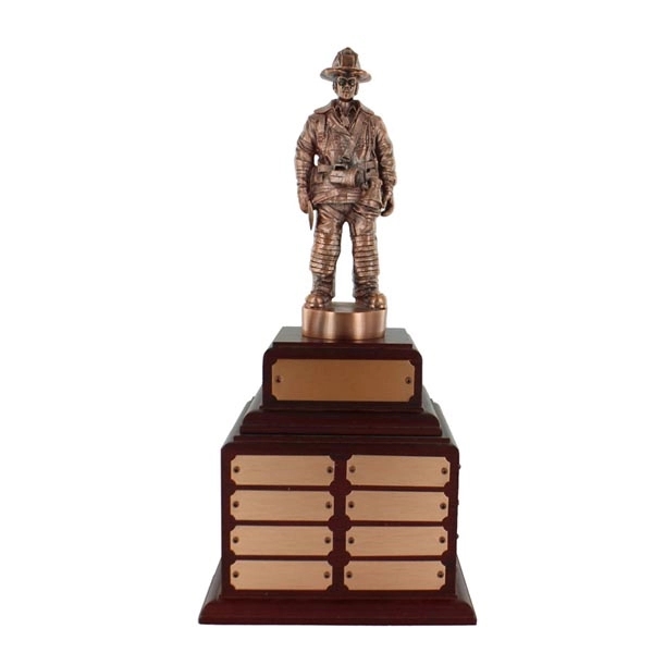 14 1/2" Fire Fighter Bronze Perpetual Trophy W/8 Name Plates - 14 1/2" Fire Fighter Bronze Perpetual Trophy W/8 Name Plates - Image 0 of 1