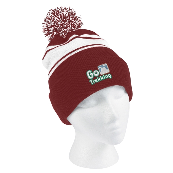 Two-Tone Knit Pom Beanie With Cuff - Two-Tone Knit Pom Beanie With Cuff - Image 7 of 33