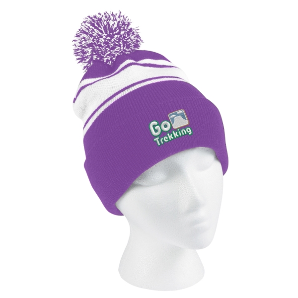 Two-Tone Knit Pom Beanie With Cuff - Two-Tone Knit Pom Beanie With Cuff - Image 23 of 33